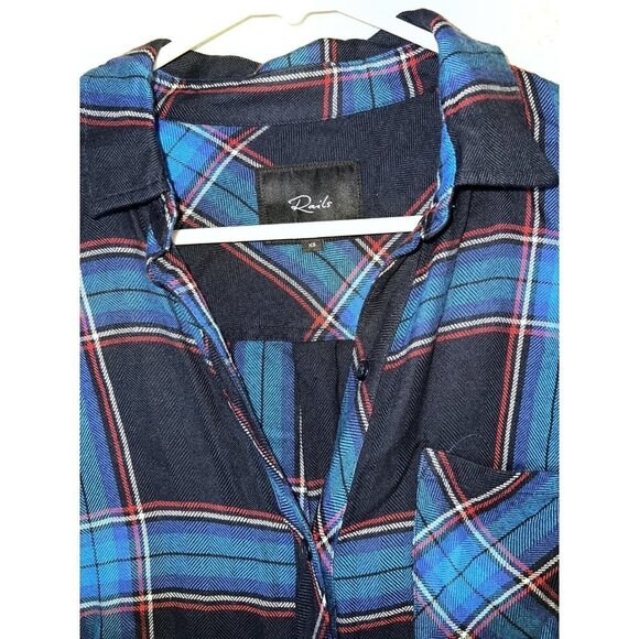 Rails Button Front Collared Flannel Blue Plaid Top Size X-Small Crop Style (m) - Picture 2 of 7